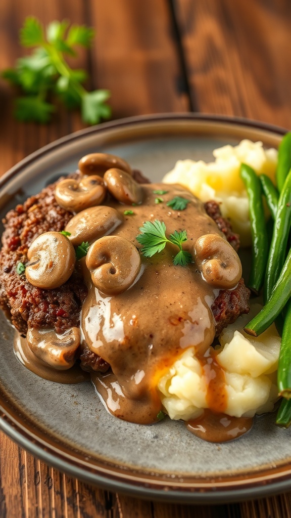 Hamburger steak with mushroom gravy on a plate, served with mashed potatoes and green beans.